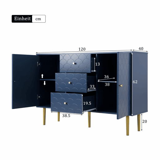 Cómoda alta com 2 portas e 3 gavetas em azul marinho com padrão de escamas H82L120T40 AIKETS