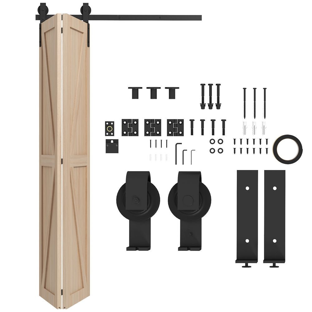 Homcom 4ft/122cm herrajes para puerta corredera plegable kit de puerta corrediza para 2 puertas con riel para granero negro