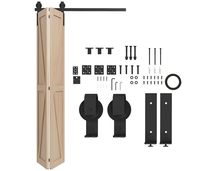 Homcom 4ft/122cm herrajes para puerta corredera plegable kit de puerta corrediza para 2 puertas con riel para granero negro