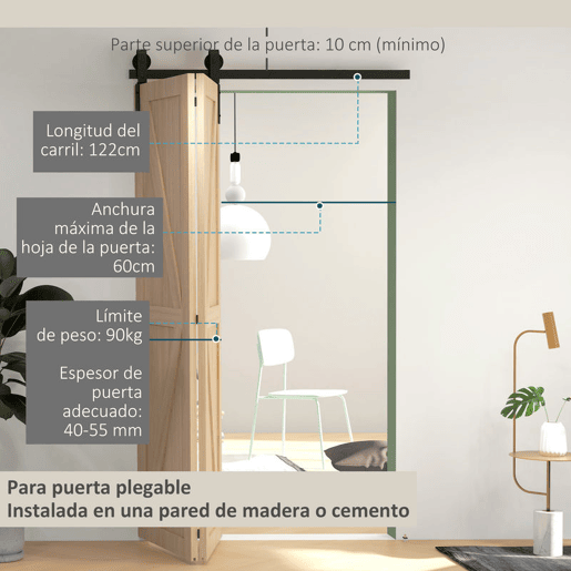 HOMCOM 4FT  122CM Kit de ferragens para porta deslizante dobrável para 2 portas com trilho para celeiro preto