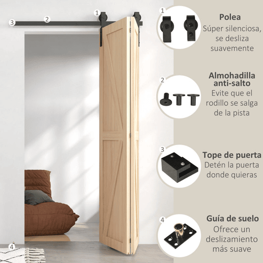 HOMCOM 4FT  122CM Kit de ferragens para porta deslizante dobrável para 2 portas com trilho para celeiro preto