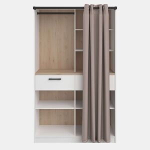 Quarto de vestir modular aberto Flexa em carvalho Jackson e branco fosco com 4 gavetas, 8 prateleiras e 2 varões de cortina 240x200 cm
