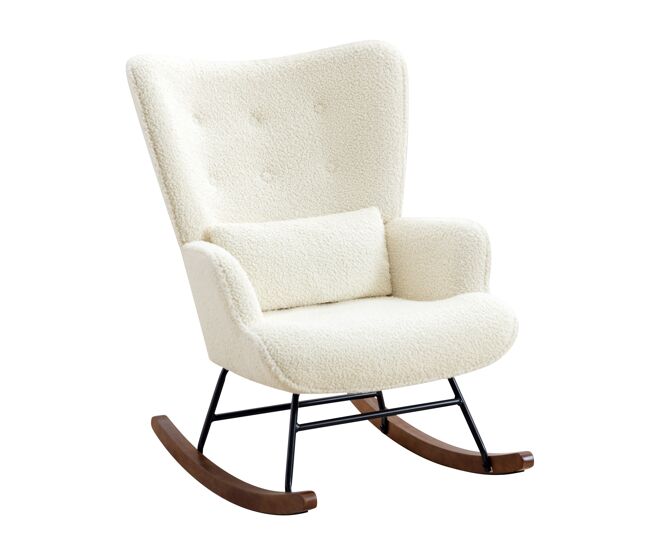 Mecedora de sala de estar, reposabrazos de peluche beige, mecedora escandinava con almohadilla para la cintura, silla de lectura beige