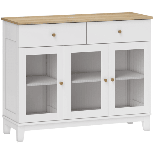HOMCOM Aparador 3 Portas de Vidro Aparador para Sala Moderno com 2 Gavetas e Prateleiras Ajustáveis para Sala de Jantar ou Entrada 100x35x80,3 cm Branco