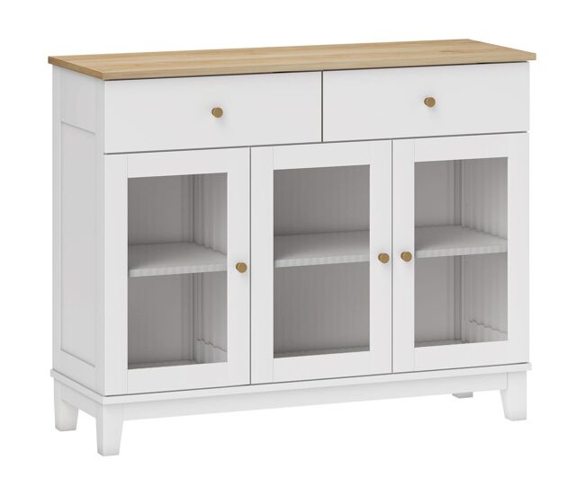 Homcom aparador 3 puertas de vidrio estriado aparador para salón moderno con 2 cajones y estantes ajustables para comedor entrada blanco 100x35x80,3