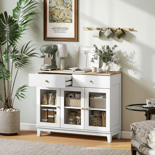 HOMCOM Aparador 3 Portas de Vidro Aparador para Sala Moderno com 2 Gavetas e Prateleiras Ajustáveis para Sala de Jantar ou Entrada 100x35x80,3 cm Branco