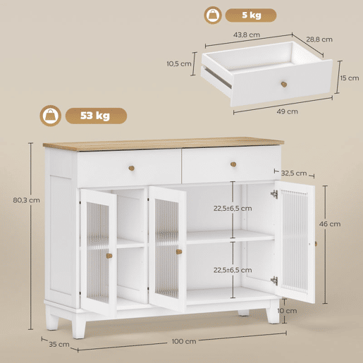 HOMCOM Aparador 3 Portas de Vidro Aparador para Sala Moderno com 2 Gavetas e Prateleiras Ajustáveis para Sala de Jantar ou Entrada 100x35x80,3 cm Branco