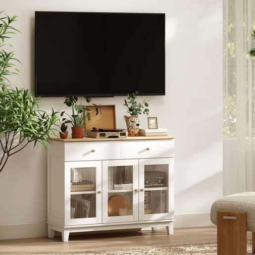 HOMCOM Aparador 3 Portas de Vidro Aparador para Sala Moderno com 2 Gavetas e Prateleiras Ajustáveis para Sala de Jantar ou Entrada 100x35x80,3 cm Branco