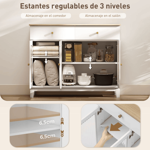 HOMCOM Aparador 3 Portas de Vidro Aparador para Sala Moderno com 2 Gavetas e Prateleiras Ajustáveis para Sala de Jantar ou Entrada 100x35x80,3 cm Branco