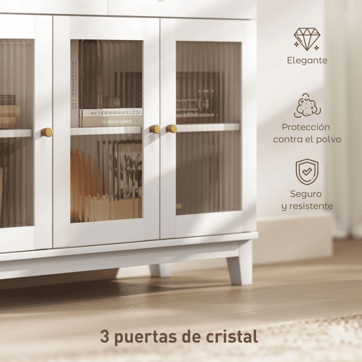 HOMCOM Aparador 3 Portas de Vidro Aparador para Sala Moderno com 2 Gavetas e Prateleiras Ajustáveis para Sala de Jantar ou Entrada 100x35x80,3 cm Branco