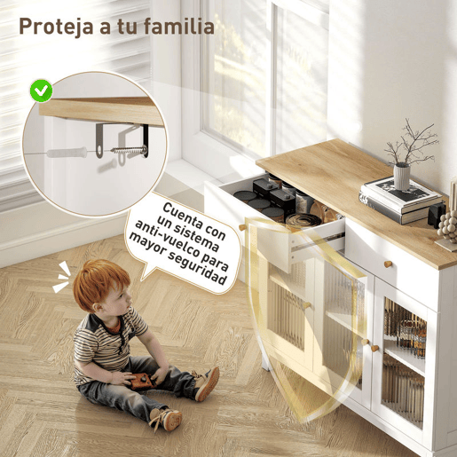 HOMCOM Aparador 3 Portas de Vidro Aparador para Sala Moderno com 2 Gavetas e Prateleiras Ajustáveis para Sala de Jantar ou Entrada 100x35x80,3 cm Branco