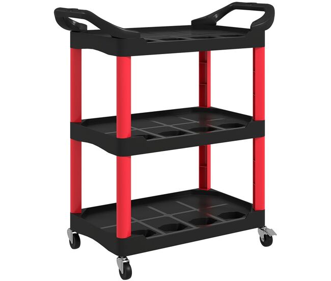 Homcom carro de taller carro de herramientas con 3 estantes ruedas y asas para garaje mecánico hogar carga 91 kg rojo y negro