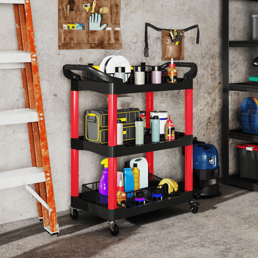 HOMCOM Carro de Oficina Carro de Ferramentas com 3 Prateleiras Rodas e Pegas para Garagem Oficina Casa Carga 91 kg 83x43x97 cm Vermelho e Preto