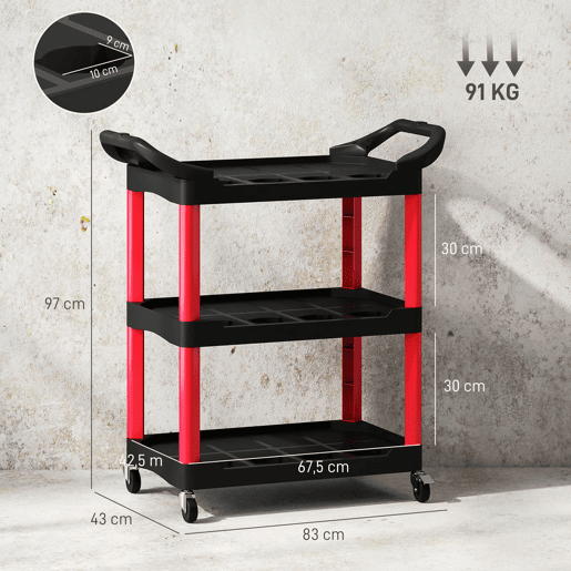 HOMCOM Carro de Oficina Carro de Ferramentas com 3 Prateleiras Rodas e Pegas para Garagem Oficina Casa Carga 91 kg 83x43x97 cm Vermelho e Preto