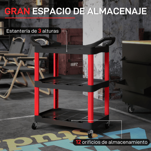 HOMCOM Carro de Oficina Carro de Ferramentas com 3 Prateleiras Rodas e Pegas para Garagem Oficina Casa Carga 91 kg 83x43x97 cm Vermelho e Preto