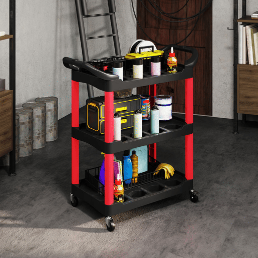 HOMCOM Carro de Oficina Carro de Ferramentas com 3 Prateleiras Rodas e Pegas para Garagem Oficina Casa Carga 91 kg 83x43x97 cm Vermelho e Preto
