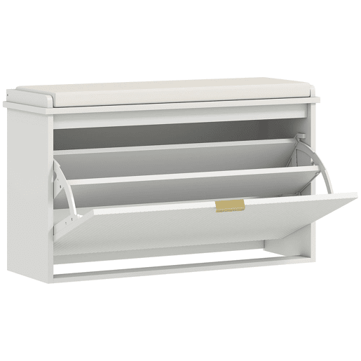HOMCOM Banco Sapateira Móvel Sapateira Estreito Banco de Entrada com Assento Estofado Caixa Rebatível e Painel de Ripas para Entrada Quarto Sala de Estar 80x26x47,5 cm Branco