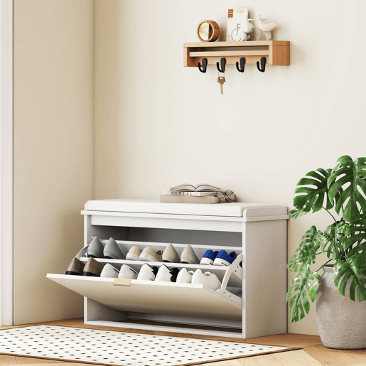 HOMCOM Banco Sapateira Móvel Sapateira Estreito Banco de Entrada com Assento Estofado Caixa Rebatível e Painel de Ripas para Entrada Quarto Sala de Estar 80x26x47,5 cm Branco