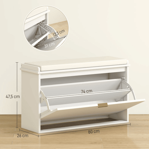 HOMCOM Banco Sapateira Móvel Sapateira Estreito Banco de Entrada com Assento Estofado Caixa Rebatível e Painel de Ripas para Entrada Quarto Sala de Estar 80x26x47,5 cm Branco