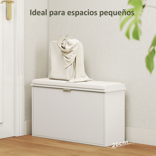 HOMCOM Banco Sapateira Móvel Sapateira Estreito Banco de Entrada com Assento Estofado Caixa Rebatível e Painel de Ripas para Entrada Quarto Sala de Estar 80x26x47,5 cm Branco