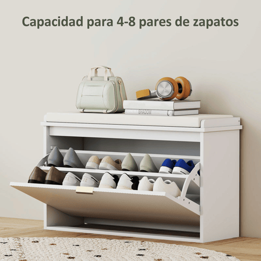 HOMCOM Banco Sapateira Móvel Sapateira Estreito Banco de Entrada com Assento Estofado Caixa Rebatível e Painel de Ripas para Entrada Quarto Sala de Estar 80x26x47,5 cm Branco