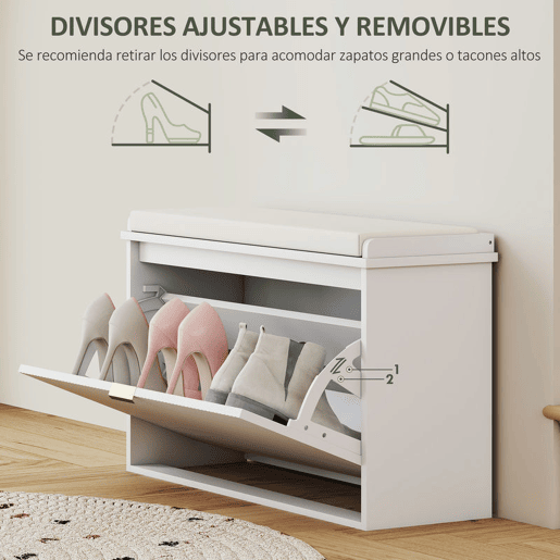 HOMCOM Banco Sapateira Móvel Sapateira Estreito Banco de Entrada com Assento Estofado Caixa Rebatível e Painel de Ripas para Entrada Quarto Sala de Estar 80x26x47,5 cm Branco