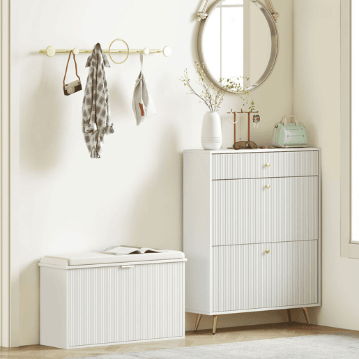 HOMCOM Banco Sapateira Móvel Sapateira Estreito Banco de Entrada com Assento Estofado Caixa Rebatível e Painel de Ripas para Entrada Quarto Sala de Estar 80x26x47,5 cm Branco