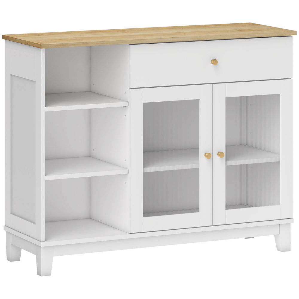 Homcom aparador 2 puertas de vidrio estriado aparador para salón moderno con cajón compartimentos abiertos y estantes ajustables para comedor entrada blanco 100x35x80,3 cm