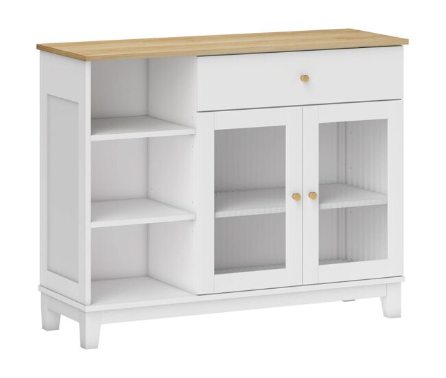 Homcom aparador 2 puertas de vidrio estriado aparador para salón moderno con cajón compartimentos abiertos y estantes ajustables para comedor entrada blanco 100x35x80,3 cm