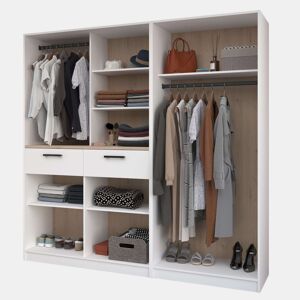 Quarto de vestir modular aberto Flexa em carvalho Jackson e branco fosco com 2 gavetas, 5 prateleiras, 2 varões sem cortinas 203x200 cm
