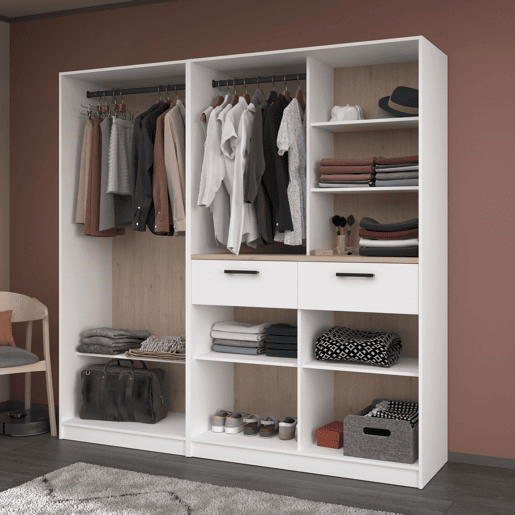 Quarto de vestir modular aberto Flexa em carvalho Jackson e branco fosco com 2 gavetas, 5 prateleiras, 2 varões sem cortinas 203x200 cm