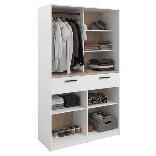Quarto de vestir modular aberto Flexa em carvalho Jackson e branco fosco com 2 gavetas, 5 prateleiras, 2 varões sem cortinas 203x200 cm