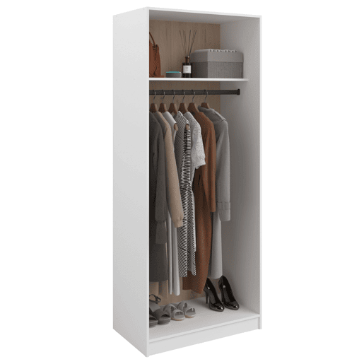 Quarto de vestir modular aberto Flexa em carvalho Jackson e branco fosco com 2 gavetas, 5 prateleiras, 2 varões sem cortinas 203x200 cm