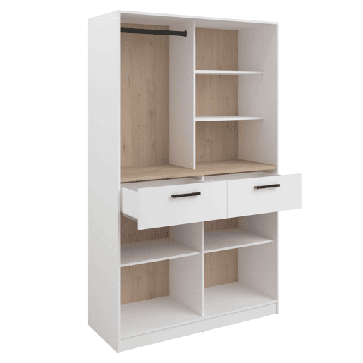 Quarto de vestir modular aberto Flexa em carvalho Jackson e branco fosco com 2 gavetas, 5 prateleiras, 2 varões sem cortinas 203x200 cm