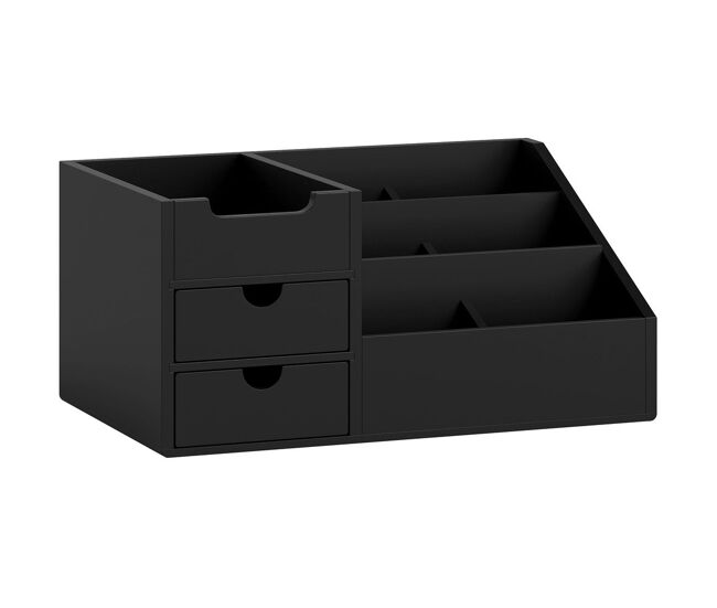 Homcom organizador de escritorio de bambú organizador de mesa con 2 cajones 6 compartimentos y estante para oficina hogar 33x20,5x15,5 cm negro