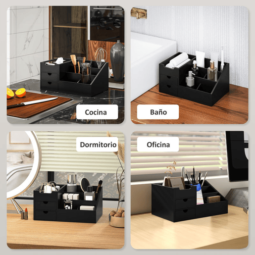 HOMCOM Organizador para Secretária de Bambu Organizador de Mesa de Escritório Multifuncional 33x20,5x15,5 cm Preto