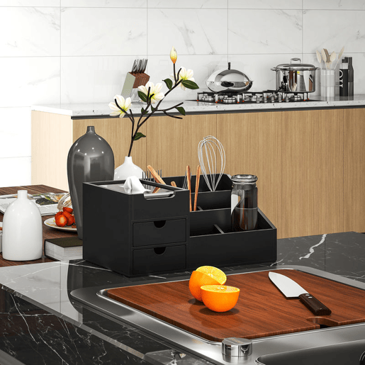 HOMCOM Organizador para Secretária de Bambu Organizador de Mesa de Escritório Multifuncional 33x20,5x15,5 cm Preto