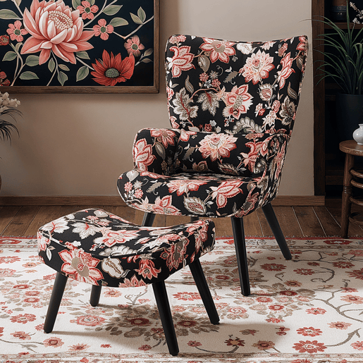 Sofá individual estampado de lino imitación fondo rojo oxidado flor blanco arroz con reposapiés