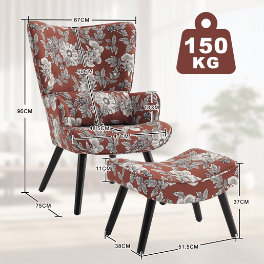 Sofá individual estampado de lino imitación fondo rojo oxidado flor blanco arroz con reposapiés