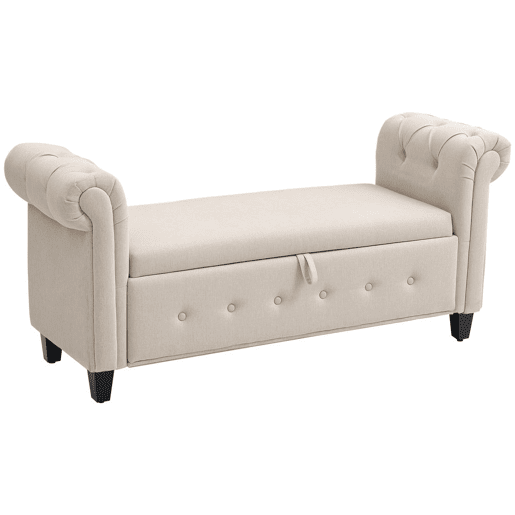 HOMCOM Banco de Pé de Cama Banco de Armazenamento de Linho com Dobradiças na Tampa Pés de Madeira e Apoio para os Braços para Dormitórios Sala de Estar Corredor Carga 150kg 146,5x49x74,5 cm Bege