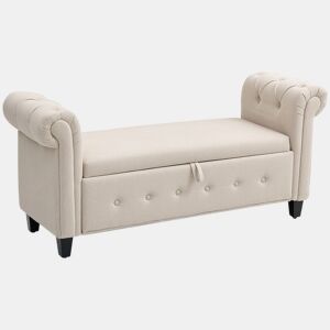 HOMCOM Banco de Pé de Cama Banco de Armazenamento de Linho com Dobradiças na Tampa Pés de Madeira e Apoio para os Braços para Dormitórios Sala de Estar Corredor Carga 150kg 146,5x49x74,5 cm Bege