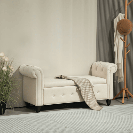 HOMCOM Banco de Pé de Cama Banco de Armazenamento de Linho com Dobradiças na Tampa Pés de Madeira e Apoio para os Braços para Dormitórios Sala de Estar Corredor Carga 150kg 146,5x49x74,5 cm Bege