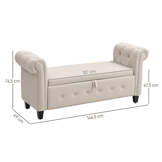 HOMCOM Banco de Pé de Cama Banco de Armazenamento de Linho com Dobradiças na Tampa Pés de Madeira e Apoio para os Braços para Dormitórios Sala de Estar Corredor Carga 150kg 146,5x49x74,5 cm Bege