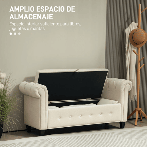 HOMCOM Banco de Pé de Cama Banco de Armazenamento de Linho com Dobradiças na Tampa Pés de Madeira e Apoio para os Braços para Dormitórios Sala de Estar Corredor Carga 150kg 146,5x49x74,5 cm Bege
