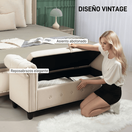 HOMCOM Banco de Pé de Cama Banco de Armazenamento de Linho com Dobradiças na Tampa Pés de Madeira e Apoio para os Braços para Dormitórios Sala de Estar Corredor Carga 150kg 146,5x49x74,5 cm Bege