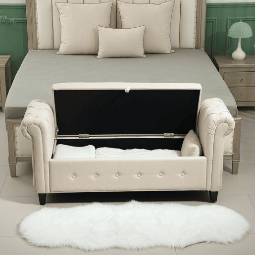 HOMCOM Banco de Pé de Cama Banco de Armazenamento de Linho com Dobradiças na Tampa Pés de Madeira e Apoio para os Braços para Dormitórios Sala de Estar Corredor Carga 150kg 146,5x49x74,5 cm Bege
