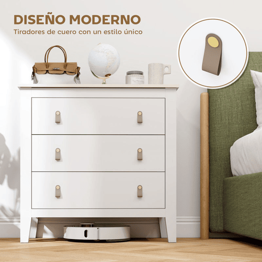 HOMCOM Cómoda de 3 Gavetas Cómoda para Dormitório com Puxadores de PU Cómoda para Sala de Estar Corredor 80x40x78,5 cm Branco