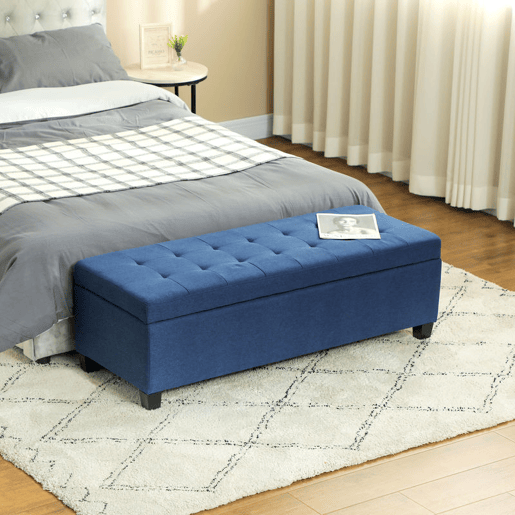 HOMCOM Banco de Armazenamento Acolchoado Banco Estofado em Linho Tampa com Abertura para Sala de Estar Entrada Dormitório Carga Máxima 120 kg 125x49x41,5 cm Azul Escuro
