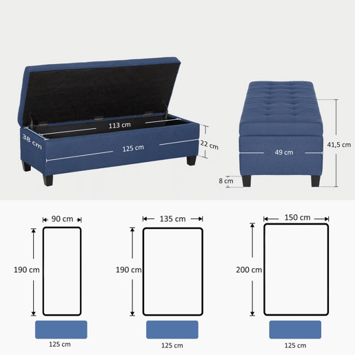 HOMCOM Banco de Armazenamento Acolchoado Banco Estofado em Linho Tampa com Abertura para Sala de Estar Entrada Dormitório Carga Máxima 120 kg 125x49x41,5 cm Azul Escuro