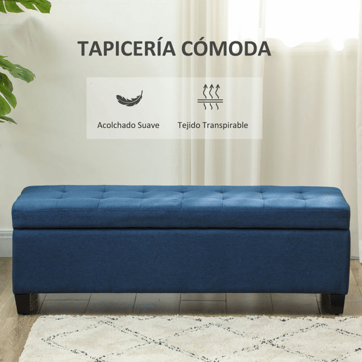 HOMCOM Banco de Armazenamento Acolchoado Banco Estofado em Linho Tampa com Abertura para Sala de Estar Entrada Dormitório Carga Máxima 120 kg 125x49x41,5 cm Azul Escuro